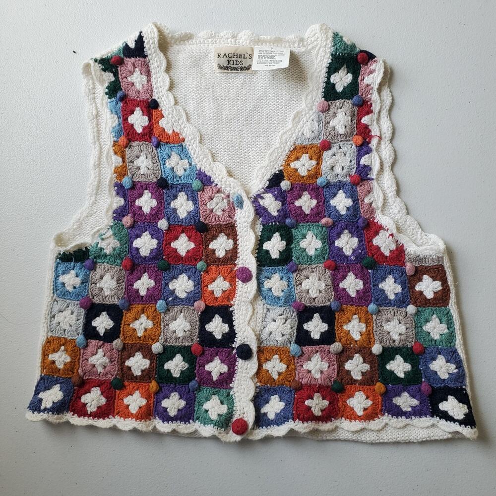 Rachel's Kids Sweater Vest 7 Rainbow Crochet Patchwork Cottagecore Granny Square